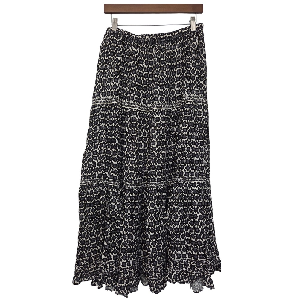 Max Studio London Midi Skirt Tiered Floral Boho Women L Black White NWOT 5704Q16